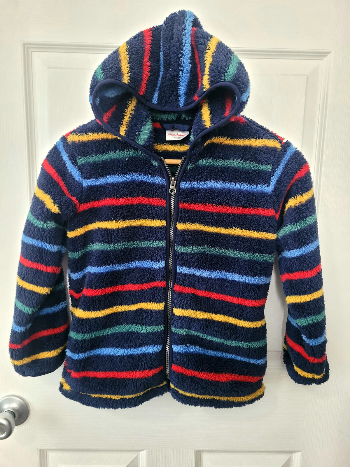 #164 Hanna Andersson Multicolored Striped Plush Fleece Hooded Zip-Up Boys 120 (6-7)