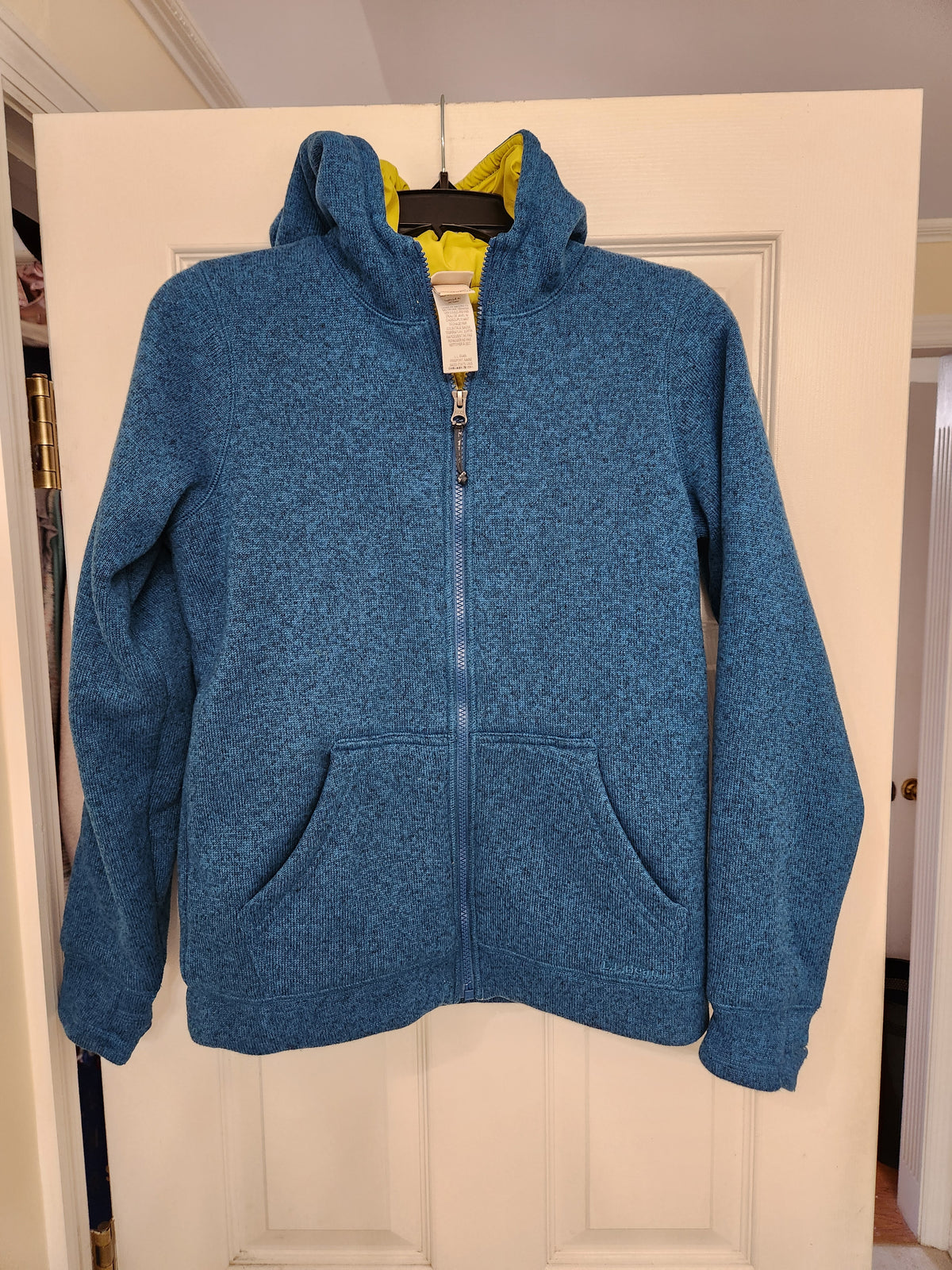 #167 LL Bean Kids 14-16 Insulated Primaloft Knit Blue Green Hooded Sweatshirt Coat