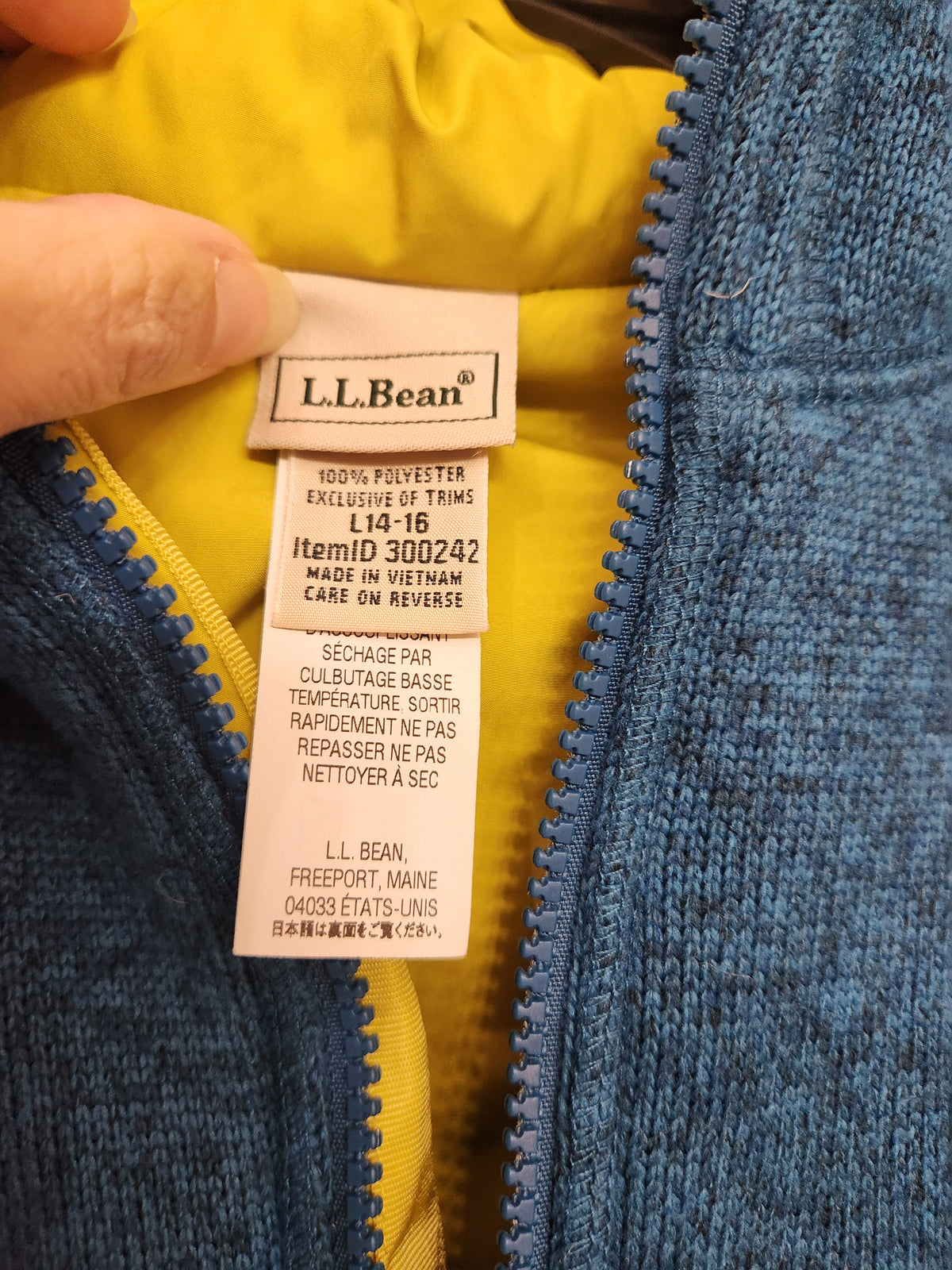 #167 LL Bean Kids 14-16 Insulated Primaloft Knit Blue Green Hooded Sweatshirt Coat