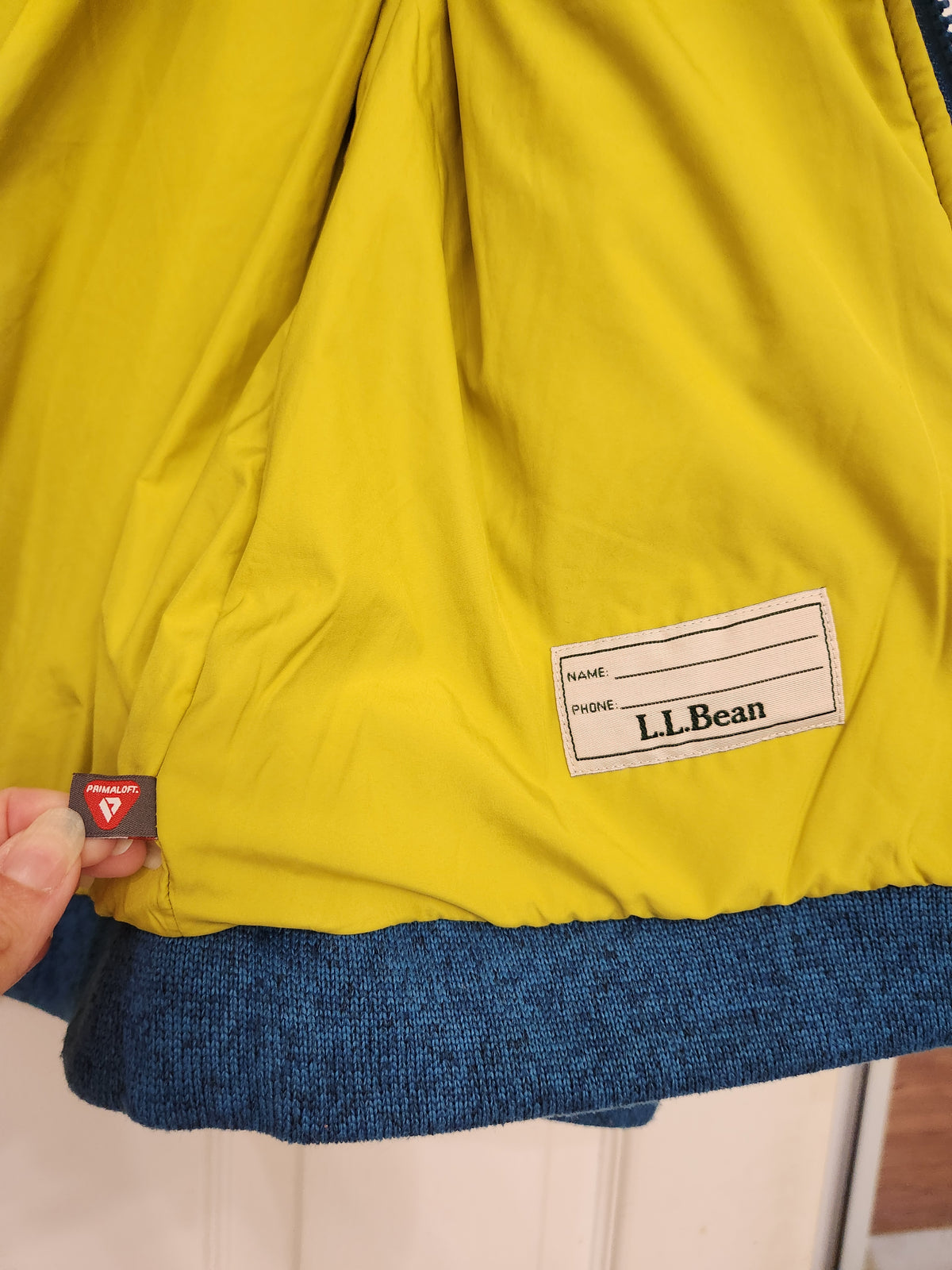 #167 LL Bean Kids 14-16 Insulated Primaloft Knit Blue Green Hooded Sweatshirt Coat