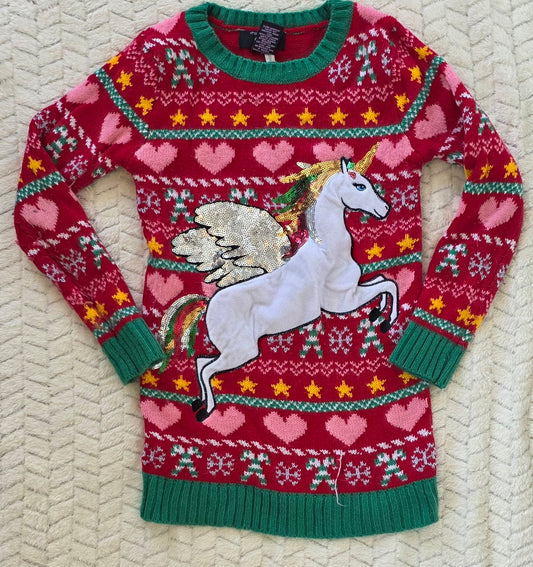 #190 Girls S (6/6x) It's Our Time Holiday Unicorn Sweater Dress