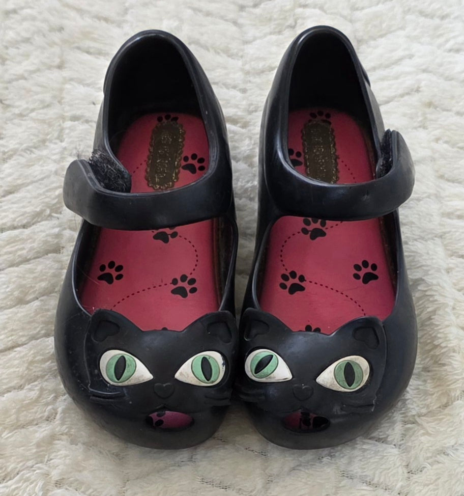 #190 Girls 8 Toddler Mini Melissa Black Cat Face Mary Jane Shoes (1 of 2)