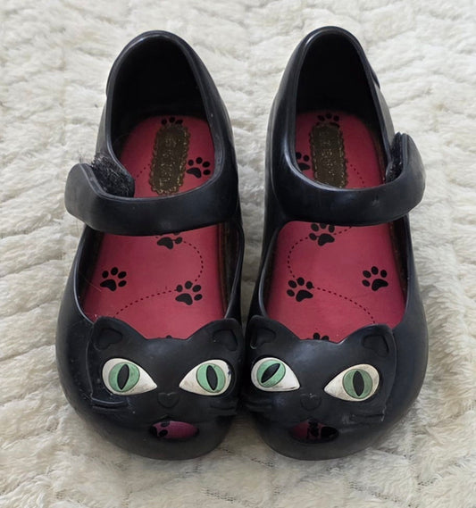 #190 Girls 8 Toddler Mini Melissa Black Cat Face Mary Jane Shoes (2 of 2)