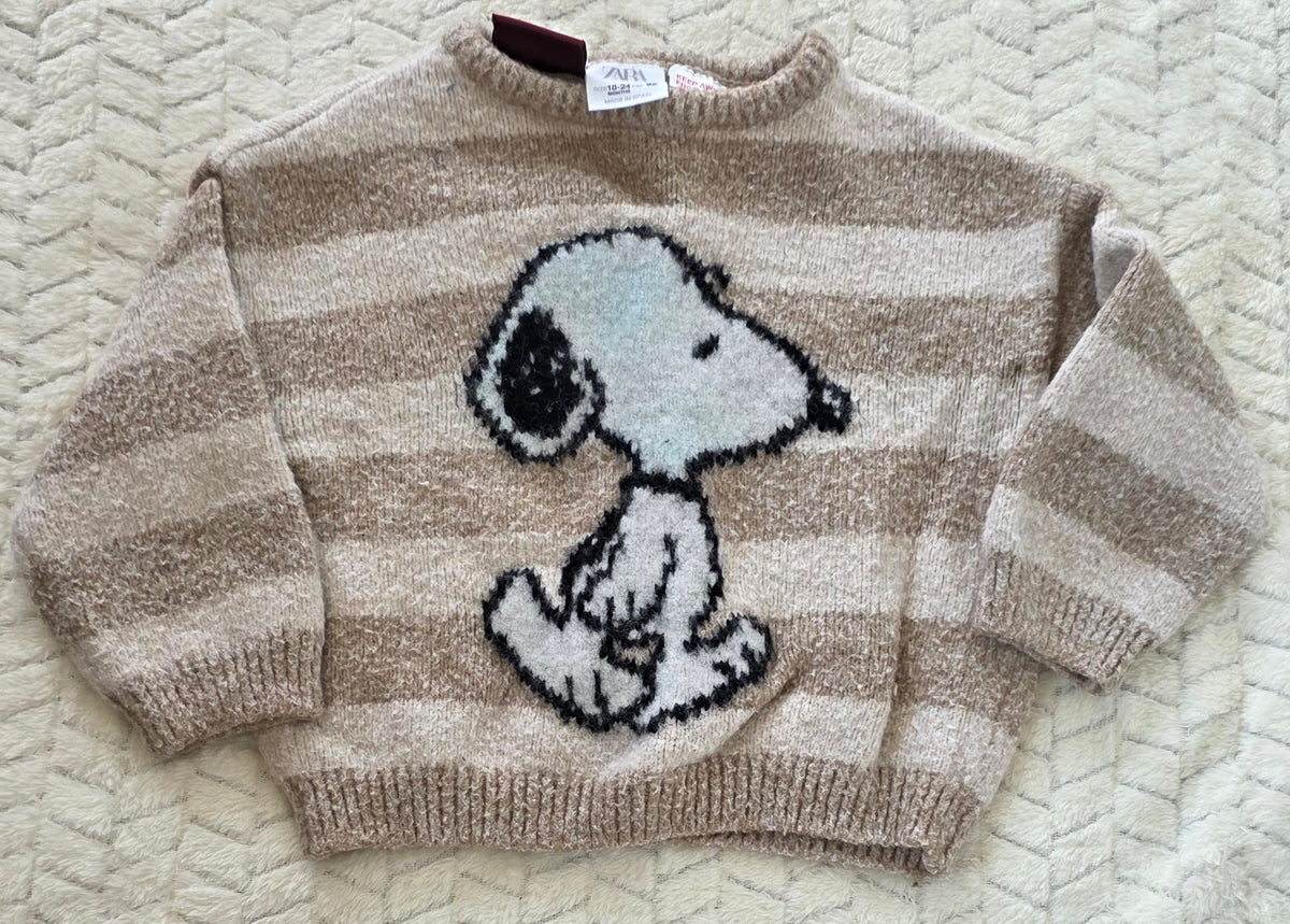 #190 Girls 18-24M Zara Snoopy/Peanuts Tan and White Striped Sweater