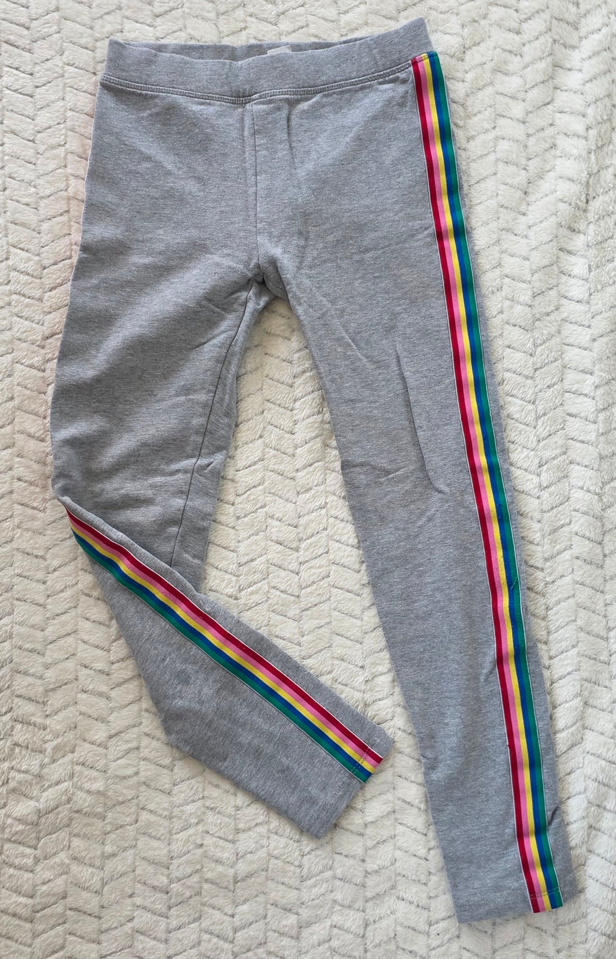 #190 Girls 8 Crewcuts Multi Gray Rainbow Stripe Leggings and Multi Green Unicorn Floral Leggings