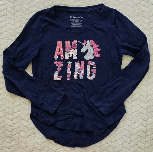 #190 Girls 6/6X My Favorite Tee Navy Unicorn Sequin Long Sleeve