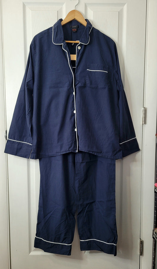 #164 J. Crew Navy Blue Cotton Piped Pajamas Women L
