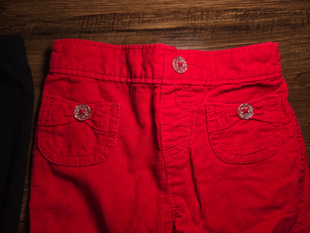 #131 Two pairs of pants 1 black legging and 1 red corduroy with sparkle buttons sz 12M