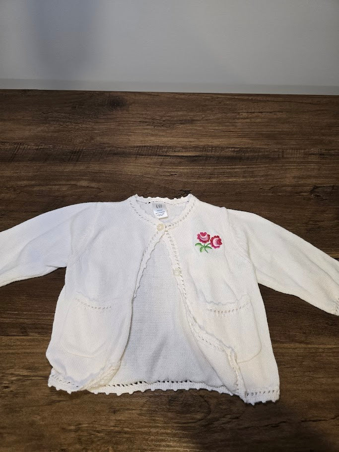 #131 Baby Gap white cardigan with stitched flower sz 3M