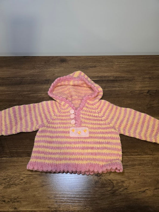 #131 Handmade wool girls sweater with hood sz 0-6M