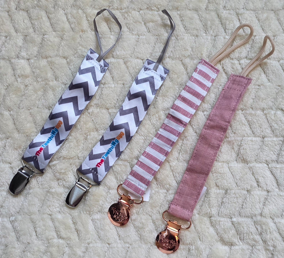 #190 Girls Set of 4 Pacifier Clips Pink and Gray