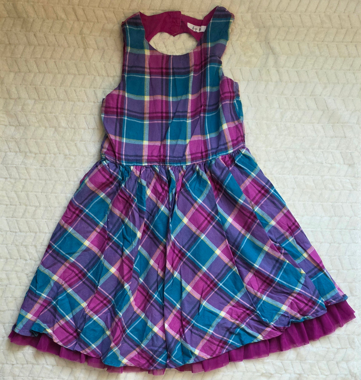 #190 Girls 8 FabKids Pink/Blue Plaid Dress w/ Heart Cutout on Back