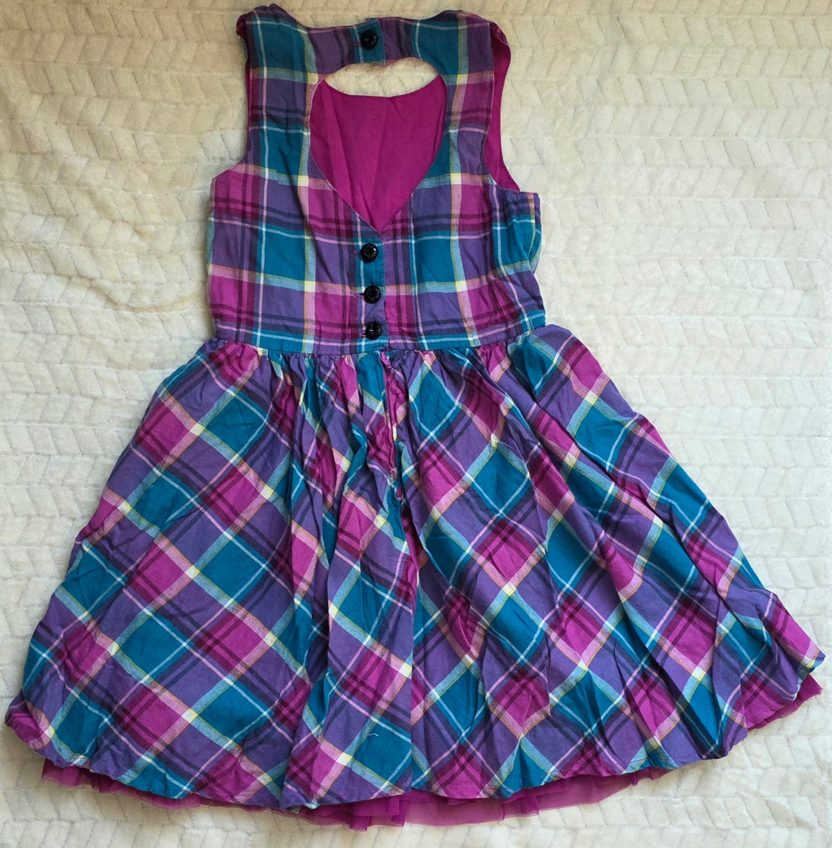 #190 Girls 8 FabKids Pink/Blue Plaid Dress w/ Heart Cutout on Back