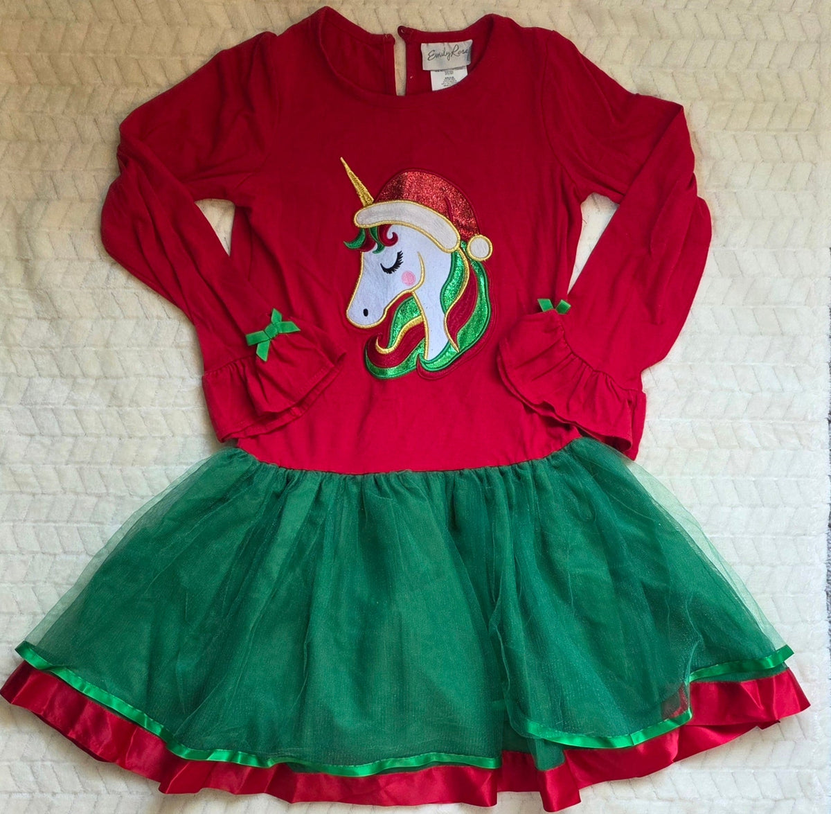 #190 Girls 8 Emily Rose Holiday Red & Green Tulle Unicorn Dress + Matching TIghts