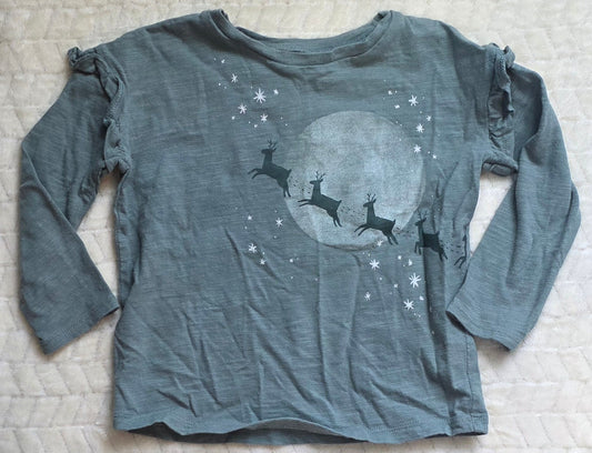 #190 Girls 2T Little Co Long Sleeve Green Christmas Top Reindeer (2 of 2)