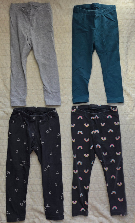 #190 Girls 2T Cat & Jack Leggings Bundle of 4 Gray, Teal, Hearts & Rainbow