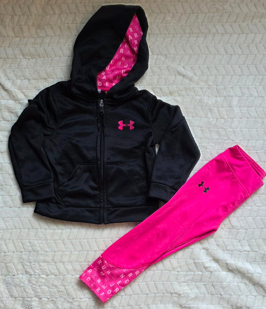 #190 Girls 2T Under Armour 2‑Piece Set Athletic Pink Leggings & Black Zip Hoodie