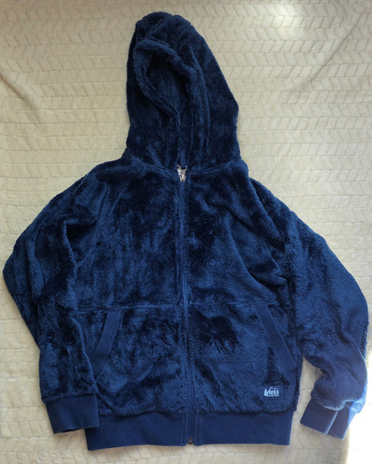 #190 Girls M (10–12) REI Fuzzy Hooded Jacket Navy Blue Zip‑Up