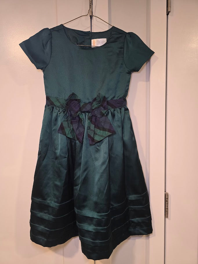#131 Gymboree green satin dress with tartan bow sz 7