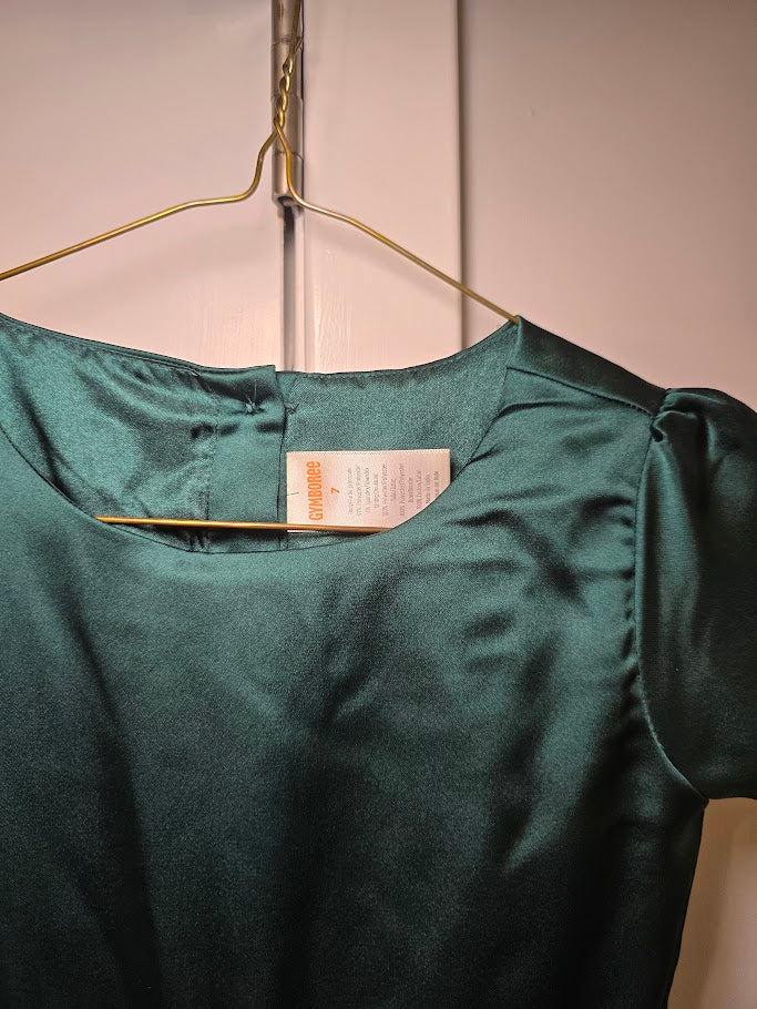 #131 Gymboree green satin dress with tartan bow sz 7