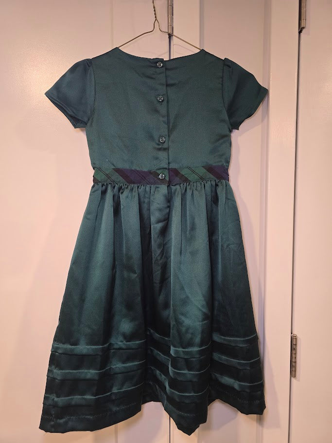 #131 Gymboree green satin dress with tartan bow sz 7