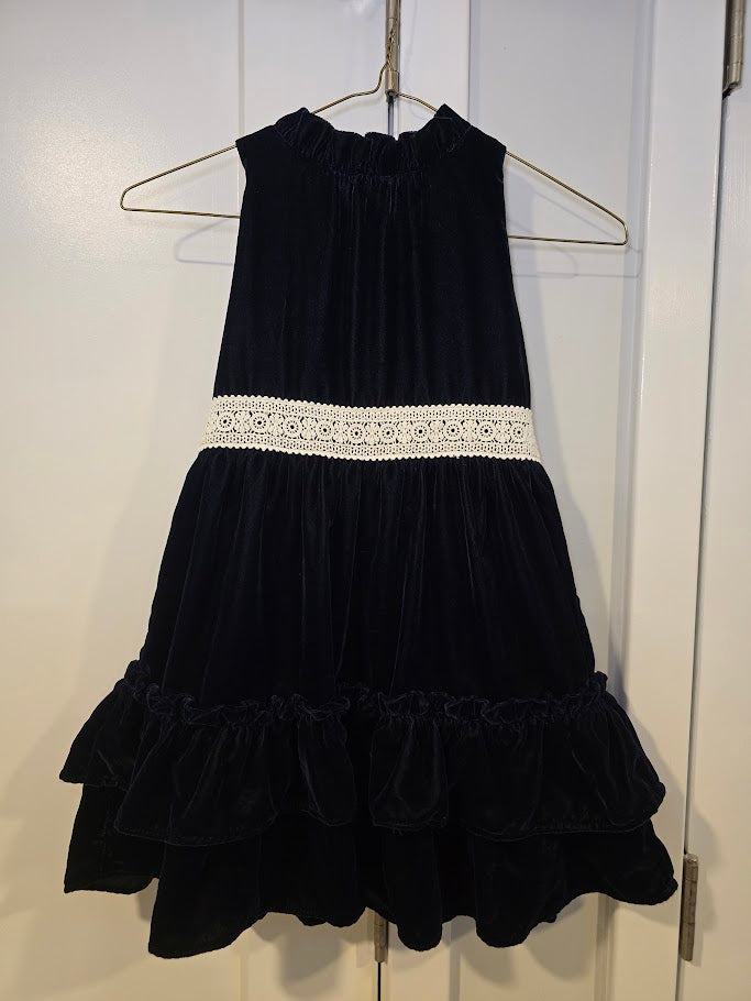 #131 Janie & Jack Navy Velvet dress with white lace waist sz 6