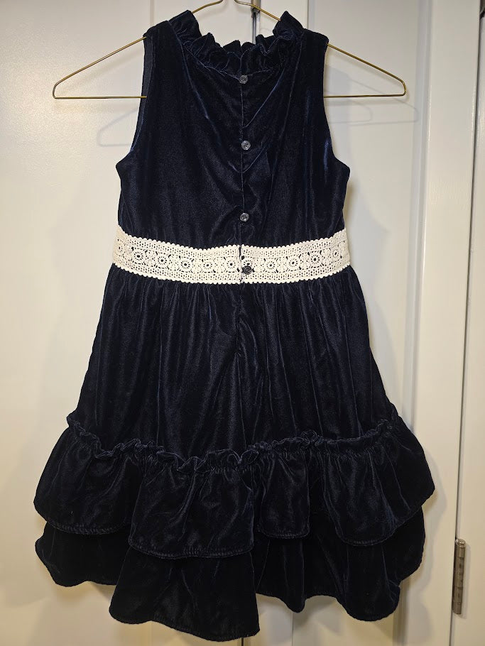 #131 Janie & Jack Navy Velvet dress with white lace waist sz 6