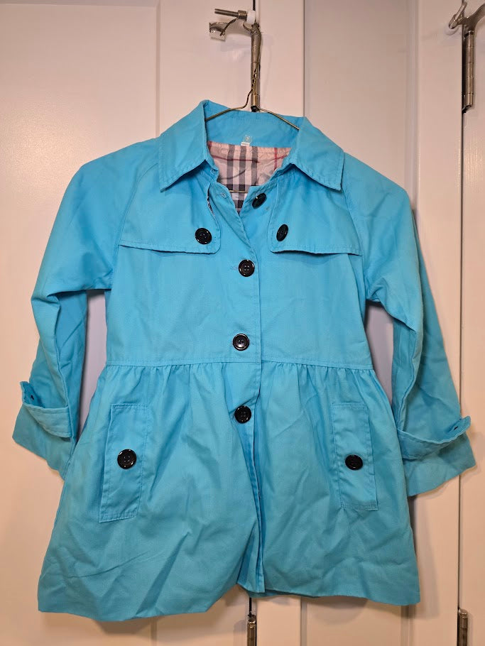 #131 Girls blue trench coat with removeable hood sz 130 (7 - 8)