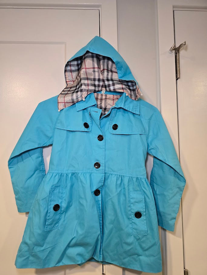 #131 Girls blue trench coat with removeable hood sz 130 (7 - 8)