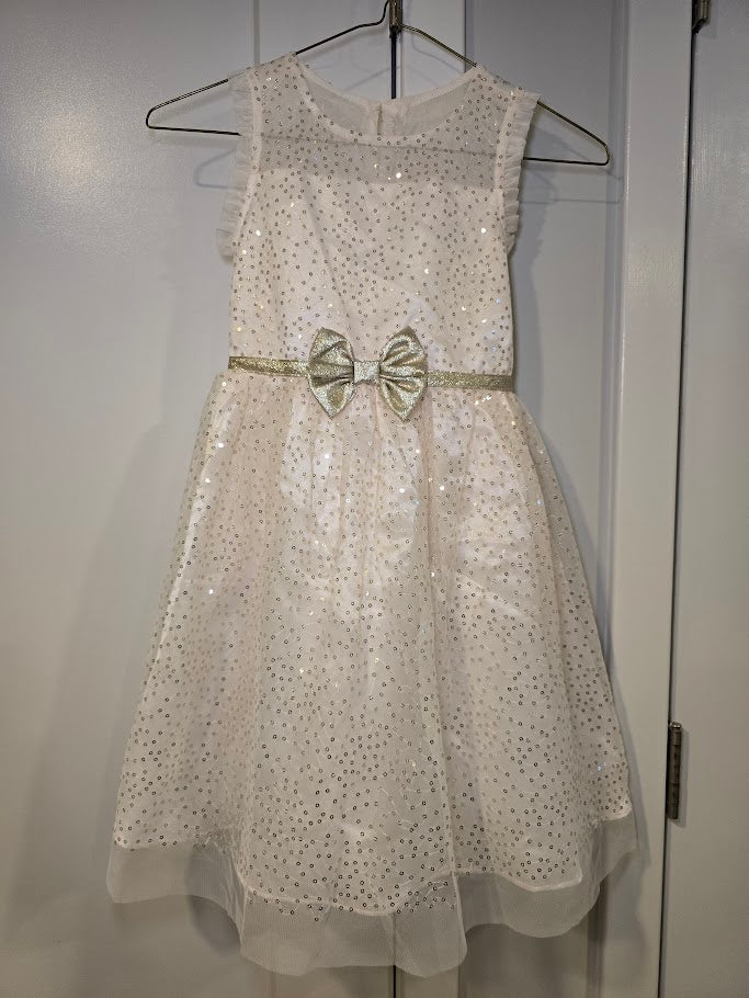 #131 Jona Michelle girls cream and gold sequin dress with faux fur shrug sz 6