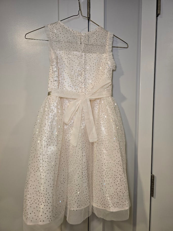 #131 Jona Michelle girls cream and gold sequin dress with faux fur shrug sz 6