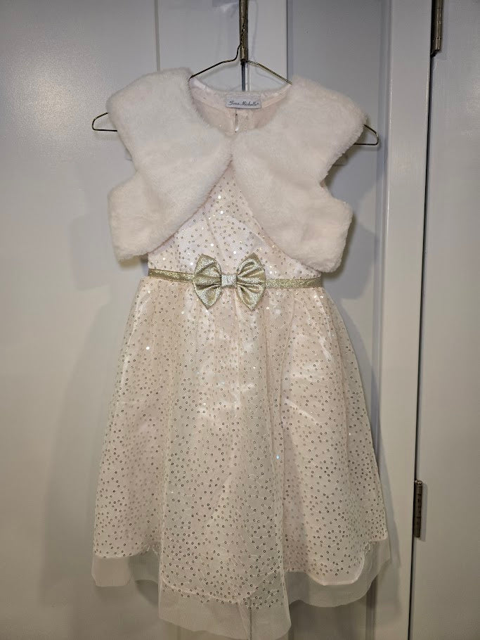 #131 Jona Michelle girls cream and gold sequin dress with faux fur shrug sz 6