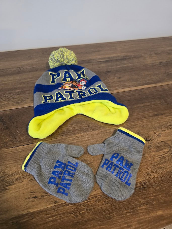 #131 Toddler Paw Patrol fleece lined striped hat and mittens