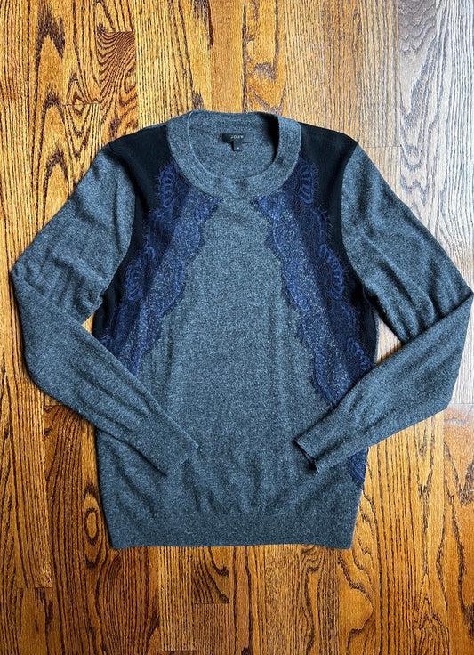 Seller #115 - REDUCED J. Crew Women’s Medium Gray Crewneck Sweater with Black/Navy Lace Detailing, VGUC