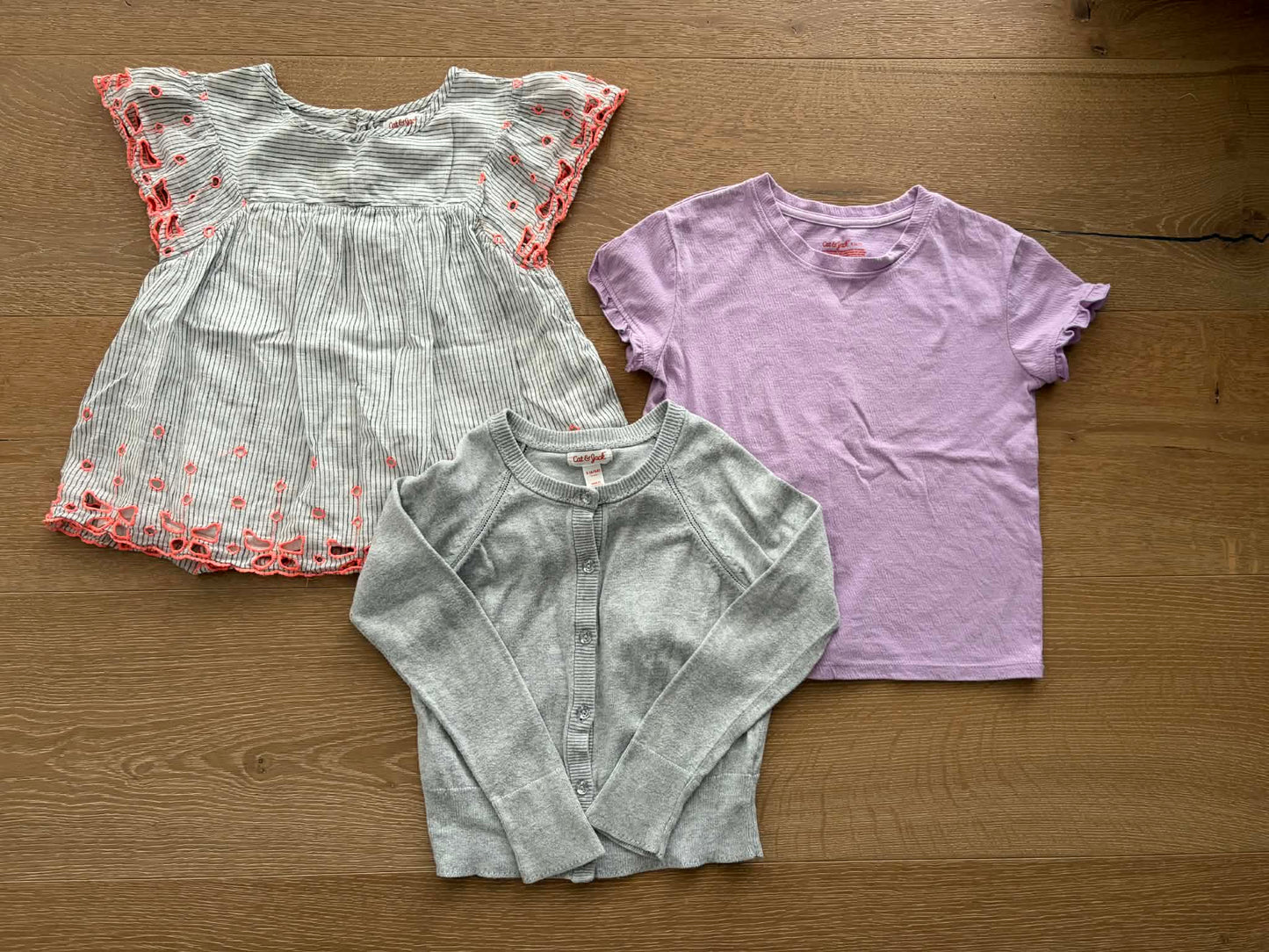 #196 Cat & Jack Girls Size 6 Cutesy Ruffle Rhinestone Shirt T-Shirt Cardigan Bundle