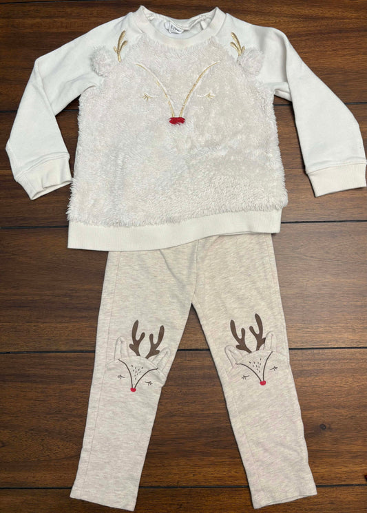 #197 Gap Girls Size 2 Cream Reindeer Fleece Top & Leggings Set