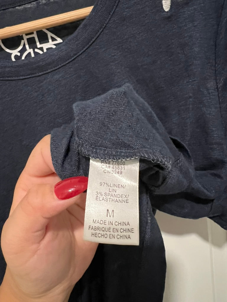 Seller #76 - Chaser Women's Linen Floral Navy Short Sleeve Top Medium Cropped Anthropologie