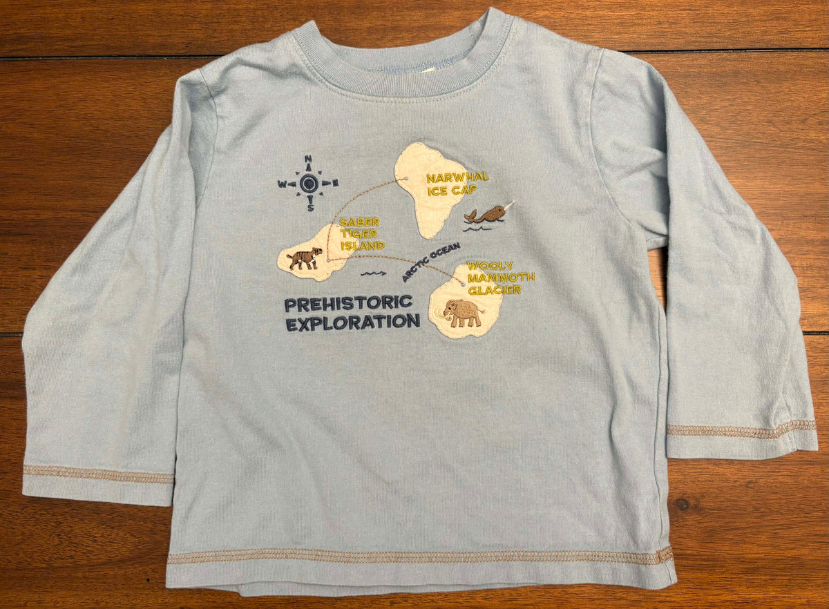 #197 Janie & Jack Boys Size 18-24M Light Blue Prehistoric Exploration Embroidered Long Sleeve Top