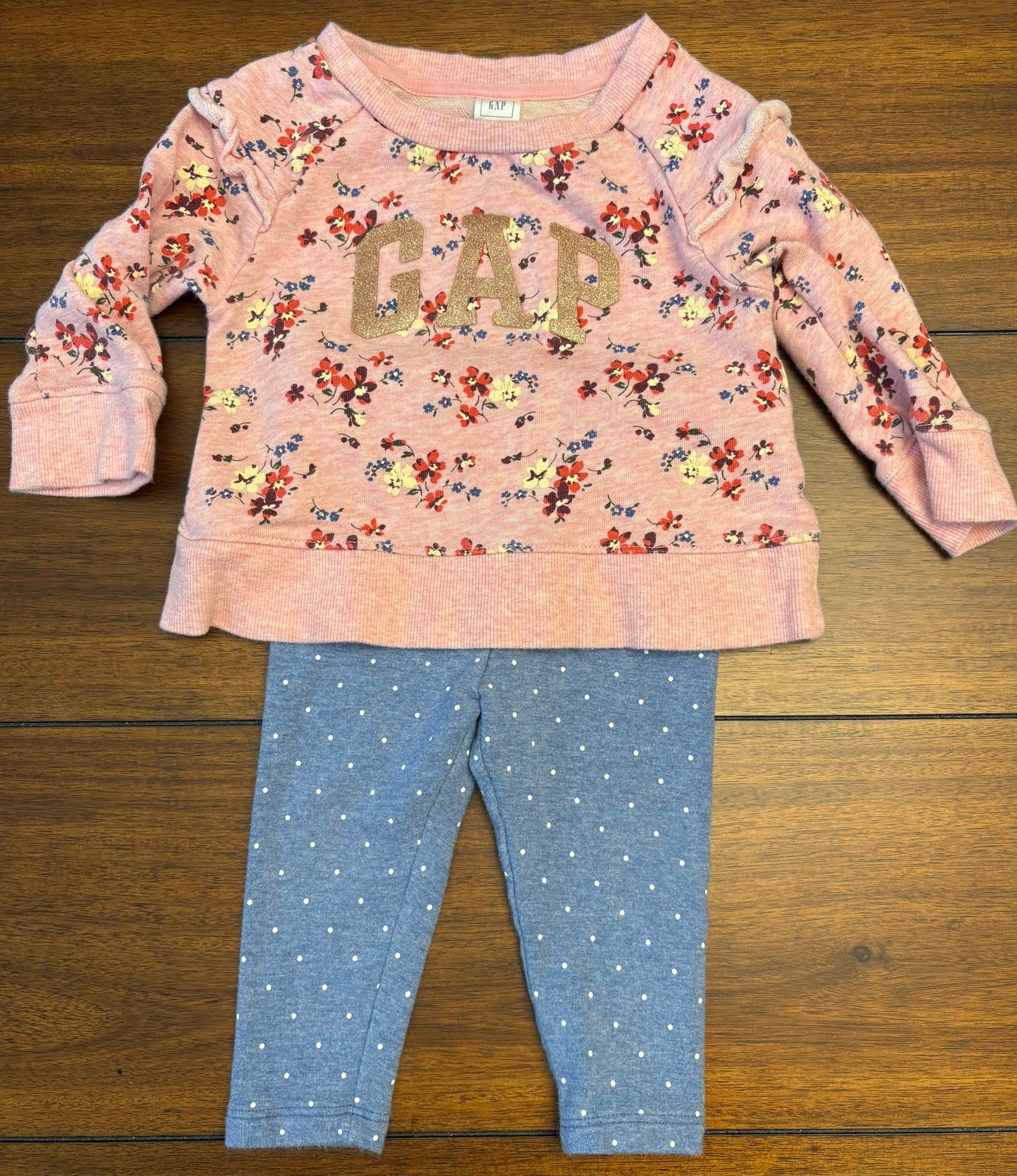 Seller #210 Baby Gap Girls Size 12-18M Pink & Blue GAP Logo Flowered Sweatshirt & Polka Dotted Leggings Outfit