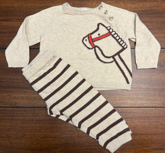 #197 Nordstrom Baby Boys Size 12M Light Brown Horse Sweater Top & Pants Set