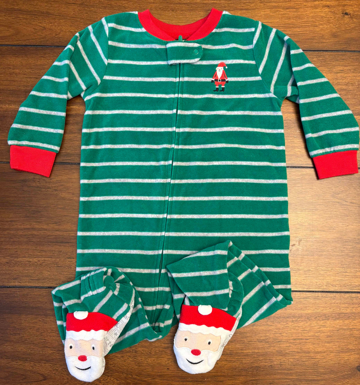 #197 Carter's Boys Size 18M Green with Gray Stripes Santa Zipper Footed Sleeper