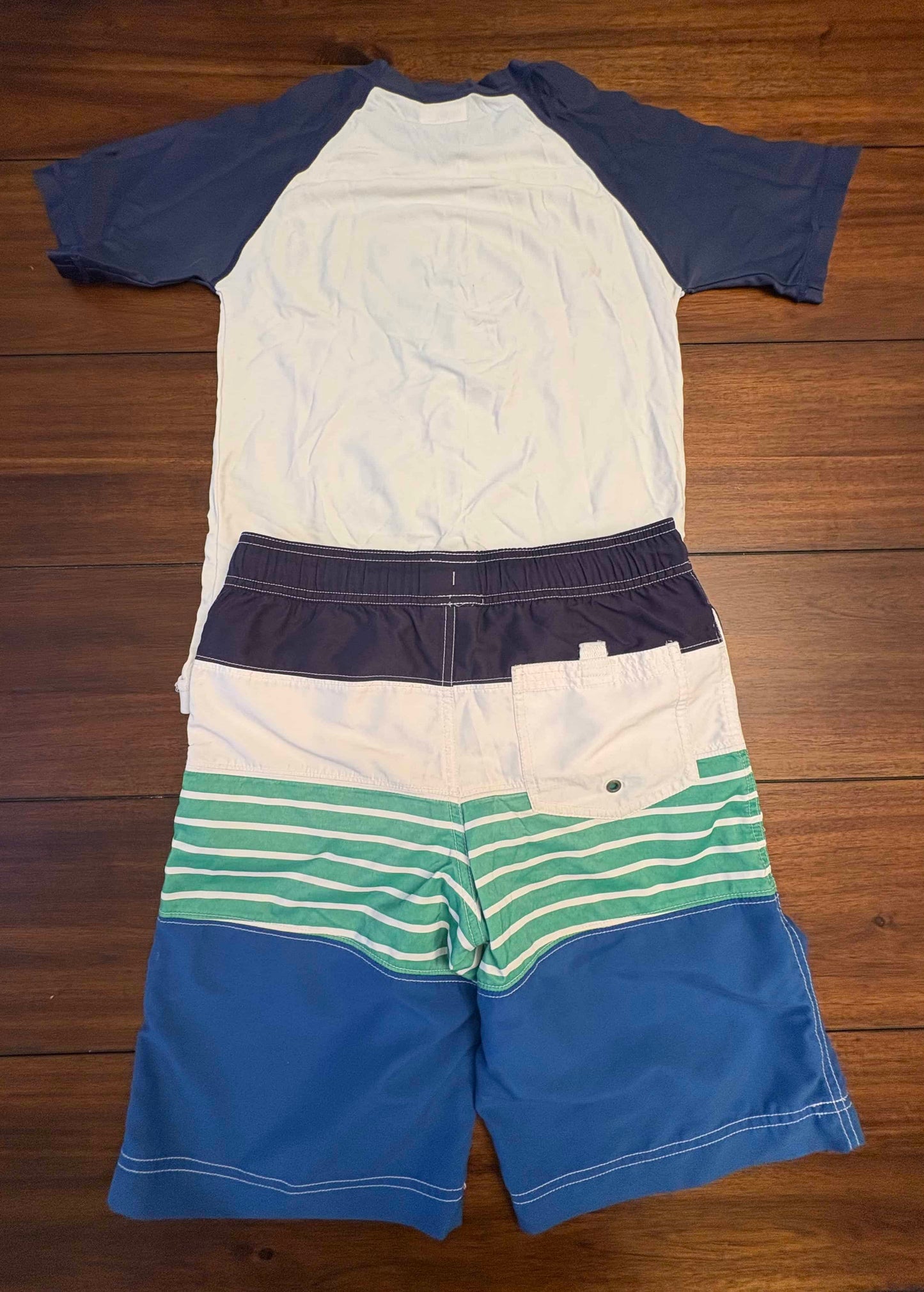 Seller #210 Hanna Andersson Boys Size 10 White Surfer Rash Guard & Striped Swim Trunks