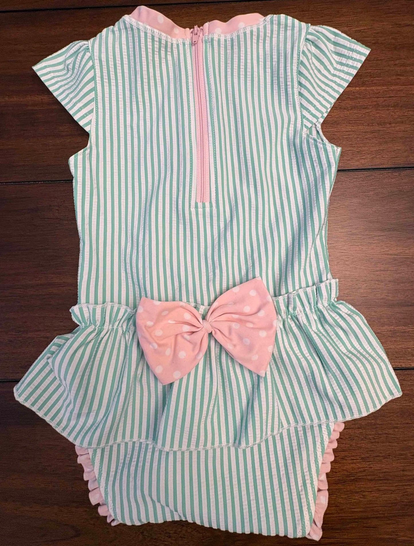 REDUCED Seller #210 Ruffle Butts Girls Size 2T Mint & White Striped One Piece Swimsuit