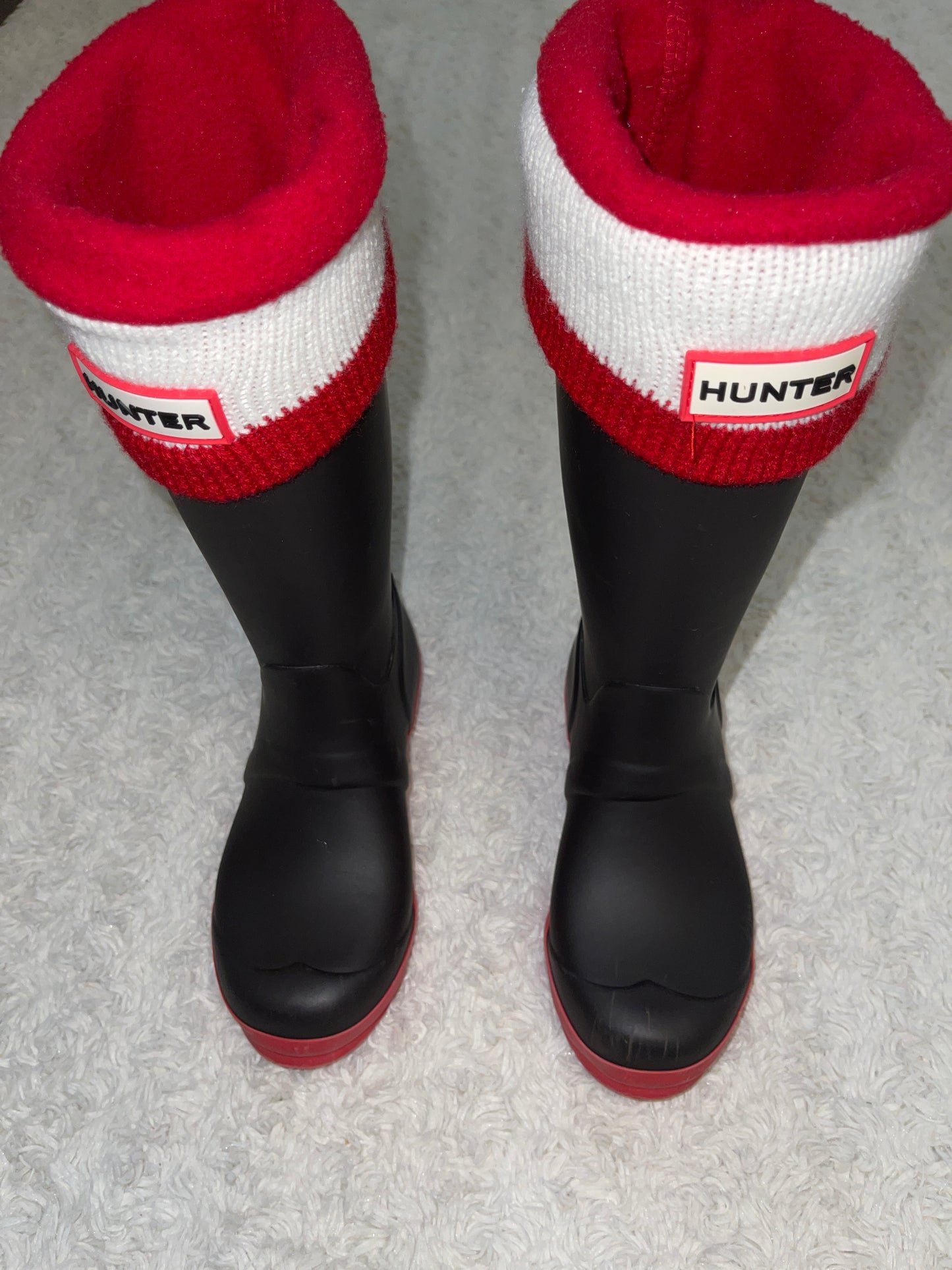 PPU Montgomery VGUC Hunter Boots Brown and Red Size Unisex 2G/1B (EU 32) with EUC Red and White Sweater Knit and Fleece Boot Socks Fits Shoe Size 1-3 (EU 32-34)