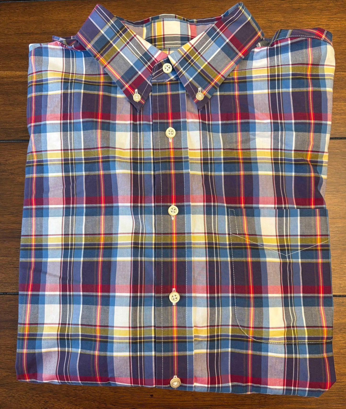 Seller #210  Jos A Bank Men's Size XL Blue Maroon & Yellow Plaid Long Sleeve Button Down Dress Shirt