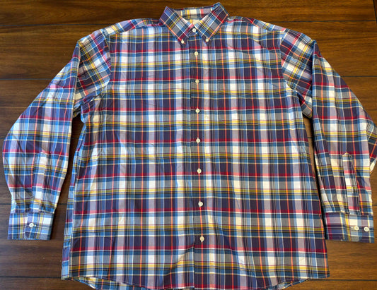 Seller #210  Jos A Bank Men's Size XL Blue Maroon & Yellow Plaid Long Sleeve Button Down Dress Shirt