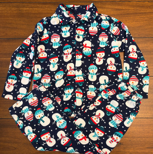 #197 Gymboree Boys Size 5-6 (S) Navy Snowman Fleece Button Down Top & Pants Pajama Set