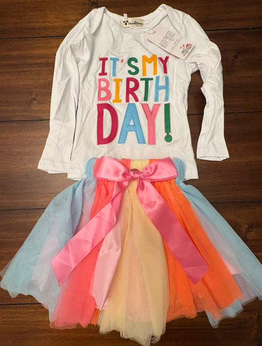 Seller #210 Duo Duo Girls Size 2T Multicolored It's My Birthday Top & Tulle Skirt Set NWT