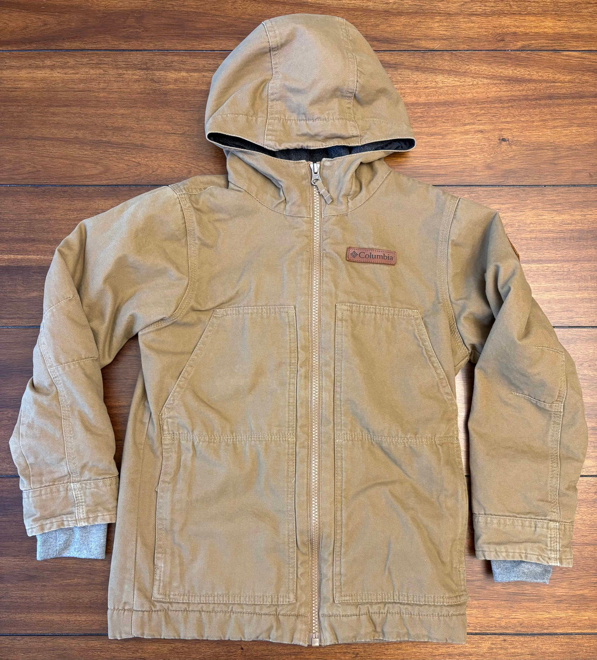 #197 Columbia Boys	Size 8 (Small)	Brown Hooded Canvas Lined Zipper Jacket