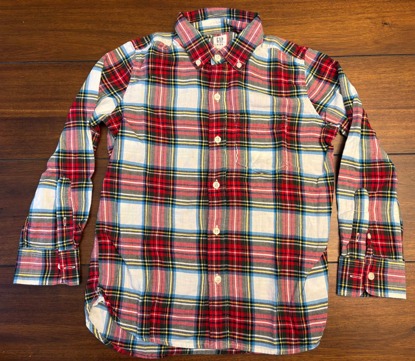 Seller #210 Gap Boys Size 8 (M) Red, Cream, Green & Yellow Plaid Long Sleeve Button Down Flannel Shirt